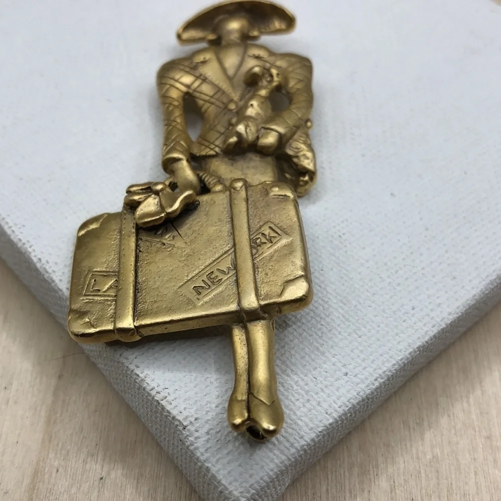 Vintage traveling lady fashionista with small dog brooch statement size